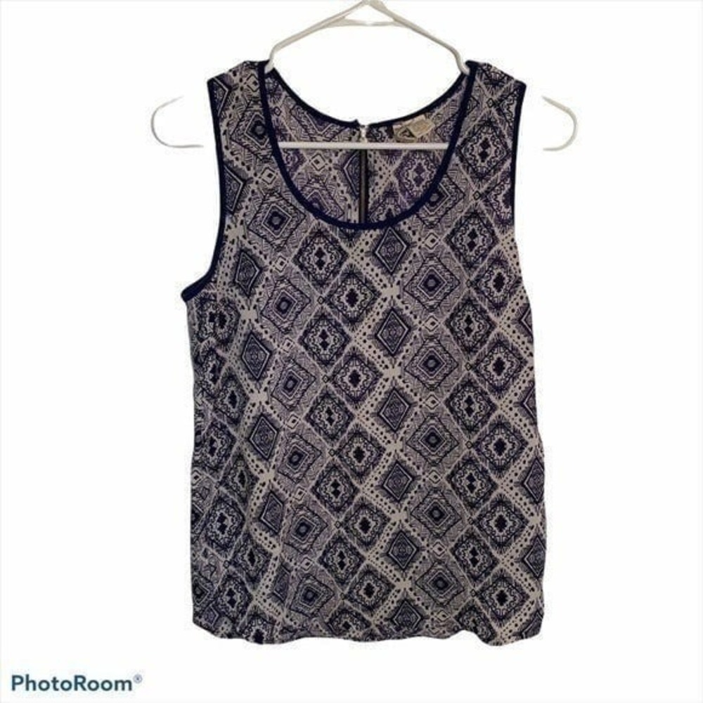 Japna Women's Size Small Sleeveless Blouse Scoop Neck White‎ Blue Geometric Zip